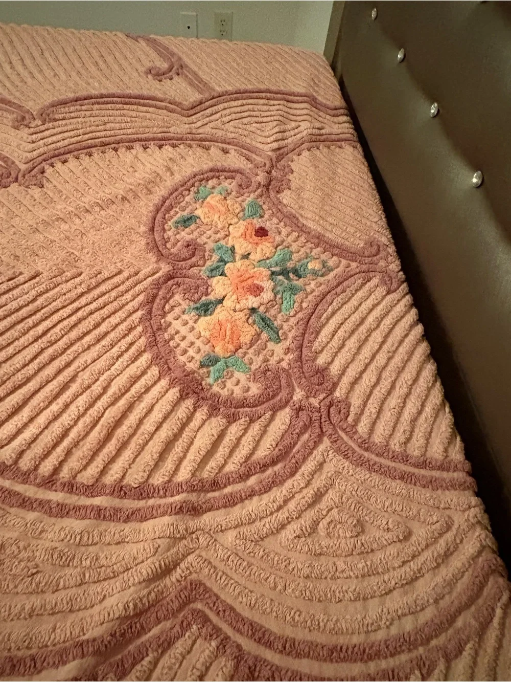 Rare Vintage Retrac Chenille Pair of Bedspreads Peach Floral Scrollwork